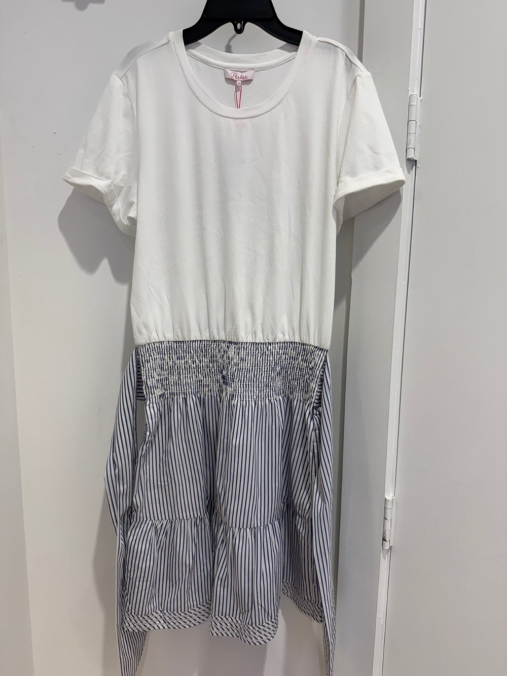 Casual White Top with Blue Pinstripe Skirt Dress Parker